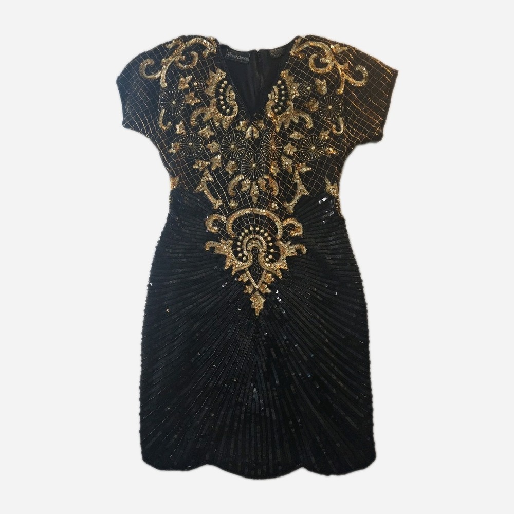 Vintage Black & Gold Bead/Sequin 100% Silk Jewel Queen Dress - Size M